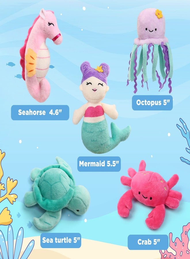 BenBen Ocean Stuffed Animal, 5 Pack Small Sea Creature Plush Toys and Shell Carrying Bag Set, Cute Plushies for Baby Kids, Sea Turtle, Octopus, Mermaid, Seahorse, Crab, Baby Shower, Stocking Stuffers - Image 2